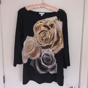 Charter Club Black Floral print top SZ XL